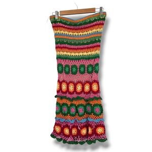 Y Apparel USA Womens Crochet Tube Dress Multicolor Striped Granny Square Lined